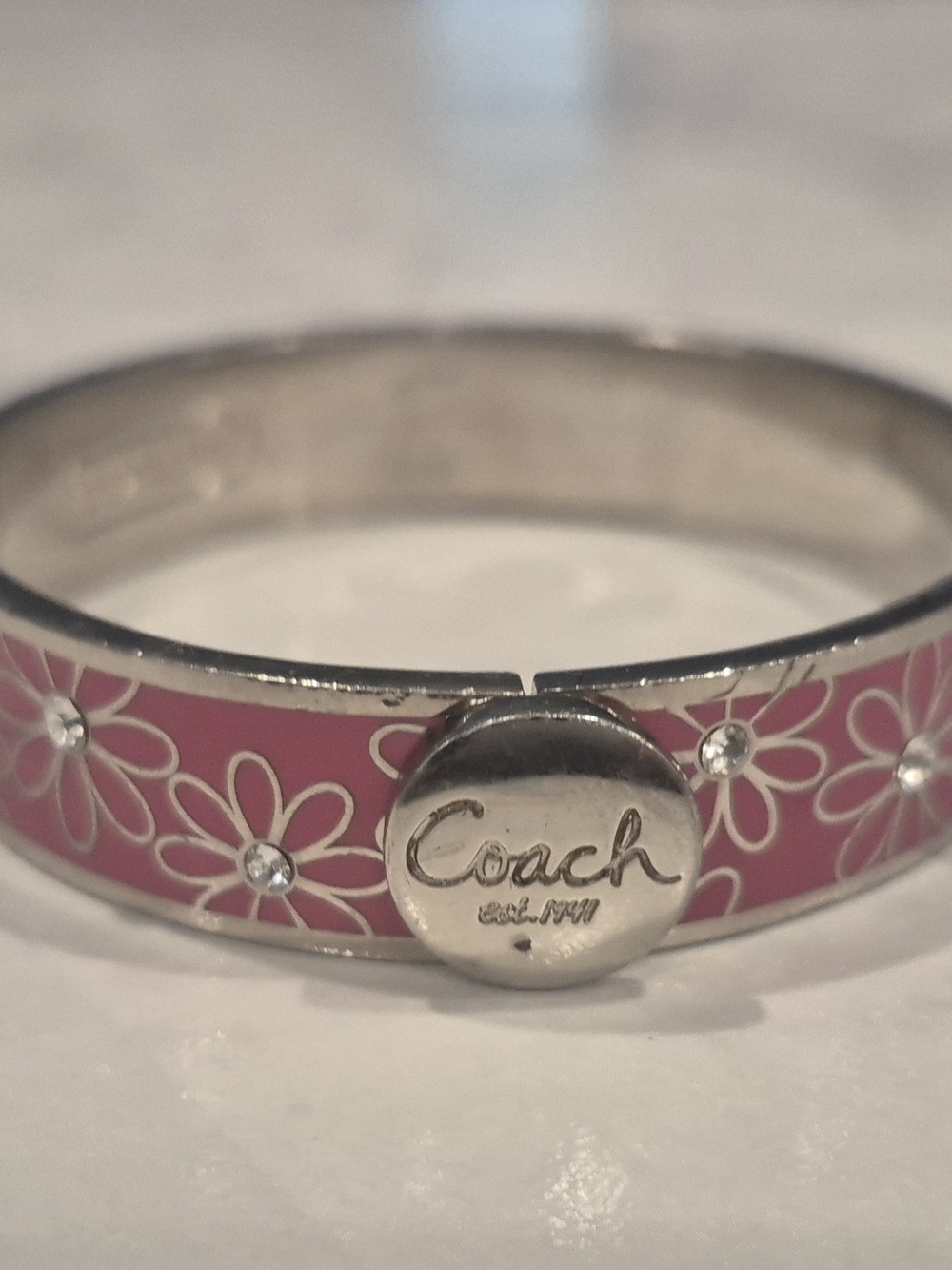 Coach Pink Floral Enamel Bangle with Crystal Accents